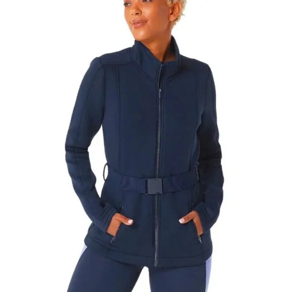 Zuda Belted Scuba Knit Zip Front Jacket | Navy | Size S | NWT